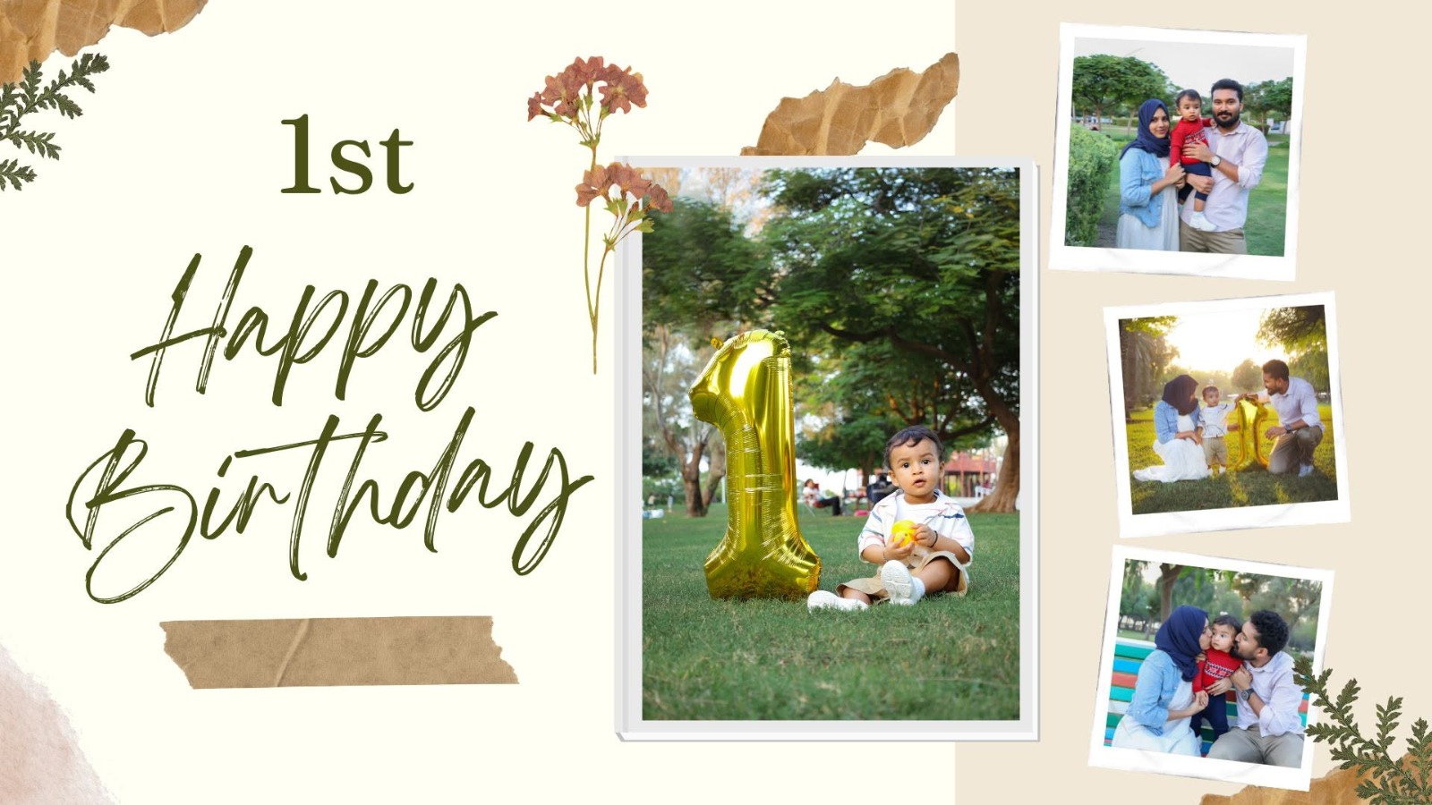 1st birthday photo collage of a Muslim family in a Dubai park at golden hour with a gold number one balloon — family birthday photography Dubai