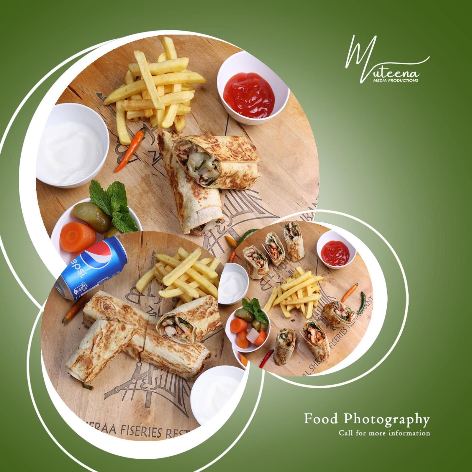 Al Sheera Fisheries chicken shawarma platter with golden fries, ketchup, garlic sauce and pickles on a wooden board — restaurant food photography by Dar Al Muteena Studio Dubai