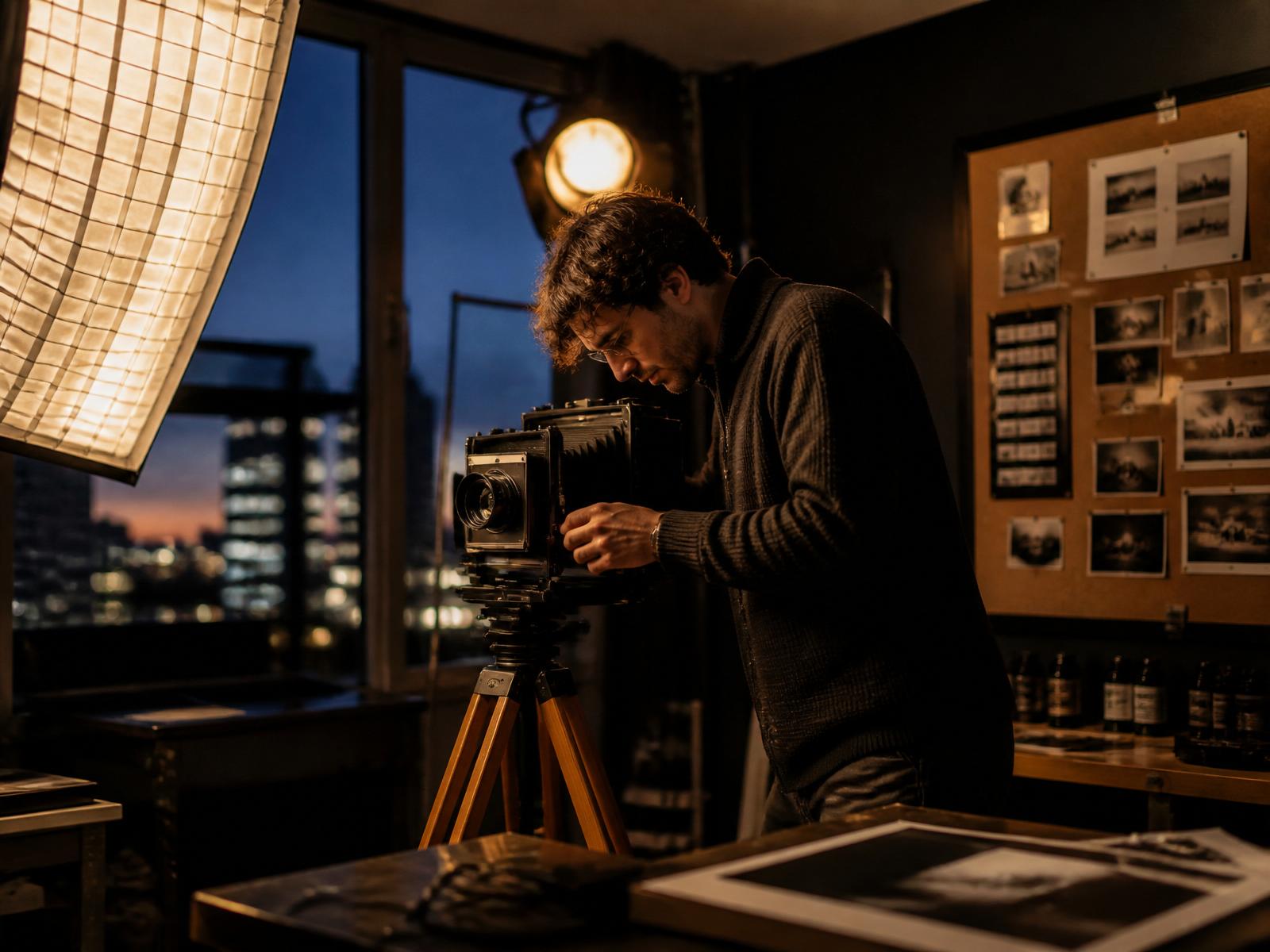 Photographer at work with a large-format camera inside the studio