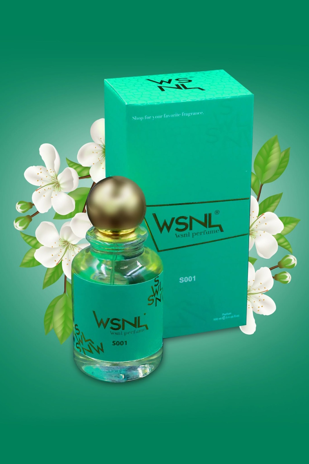 WSNL S001 perfume bottle beside its teal packaging with white cherry blossom accents on a green backdrop — luxury fragrance product photography Dubai